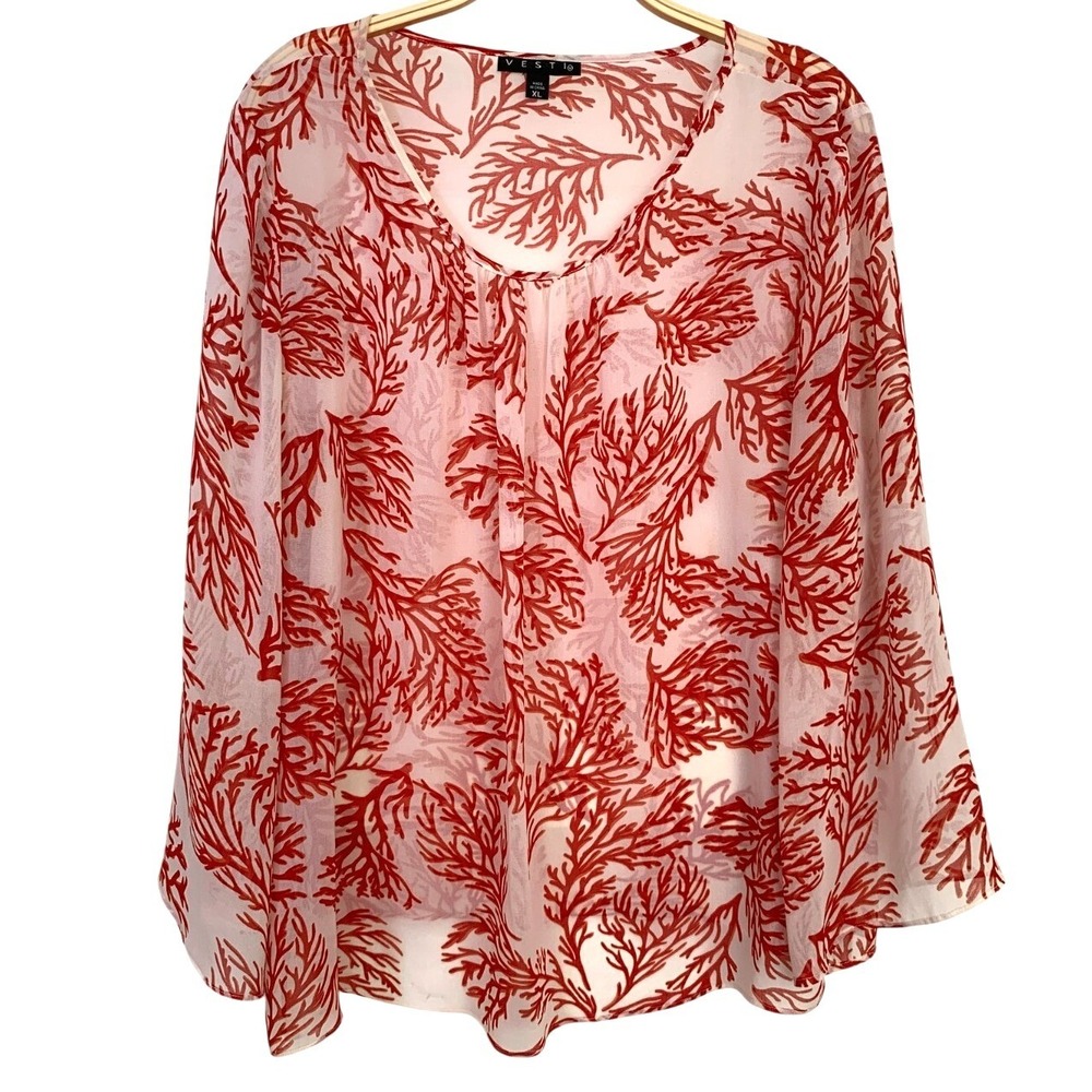 Vesti Coral Chiffon Blouse / Tropical Vacay Sheer Bell Sleeve Resort Top / SZ XL